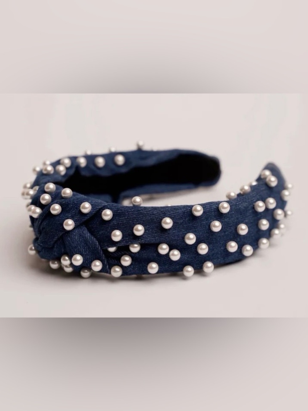LELE SADOUGHI Denim Headband Adorned with White Pearls